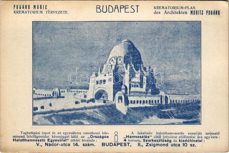 Budapest, Pogány Móric Krematórium tervezete (20. század elején tervezett monumentális budapesti halottégető épület volt, amely azonban soha nem valósult meg). Országos Halotthamvasztó Egyesület 'Hamvasztás' c. folyóiratának