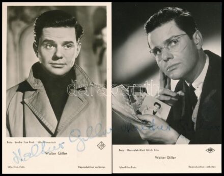 Walter Giller (1927- 2011) német színész, komikus 2 db autográf aláírása őt ábrázoló fotólapokon