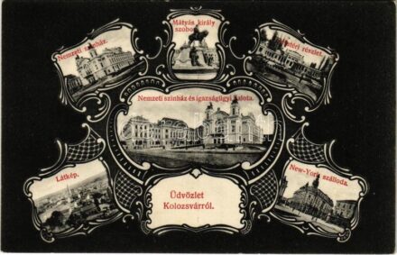 1910 Kolozsvár, Cluj; Nemzeti színház, Mátyás király szobor, Sétatér, Igazságügyi palota, New York szálloda. Gombos Ferenc kiadása / theatre, statue, park, palace of justice, hotel. Art Nouveau