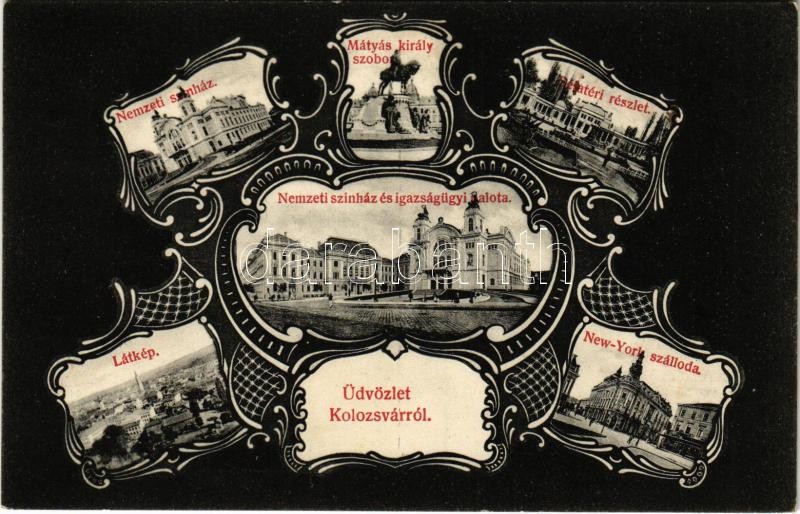 1910 Kolozsvár, Cluj; Nemzeti színház, Mátyás király szobor, Sétatér, Igazságügyi palota, New York szálloda. Gombos Ferenc kiadása / theatre, statue, park, palace of justice, hotel. Art Nouveau