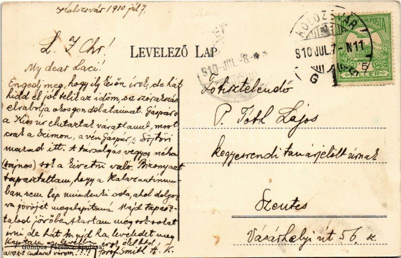 1910 Kolozsvár, Cluj; Nemzeti színház, Mátyás király szobor, Sétatér, Igazságügyi palota, New York szálloda. Gombos Ferenc kiadása / theatre, statue, park, palace of justice, hotel. Art Nouveau - Image 2