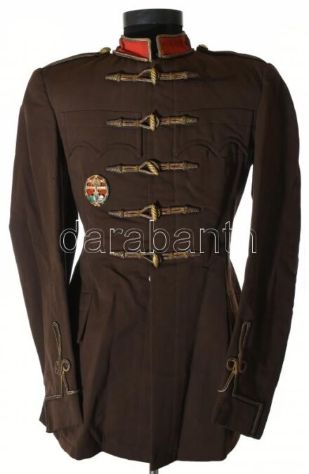 m, kir. honv. 1941M honvéd tüzér kistársasági atilla, csapattiszti jelvénnyel kis sérülésekkel. / Hungarian artillery leisure uniform, with officer badge, small holes