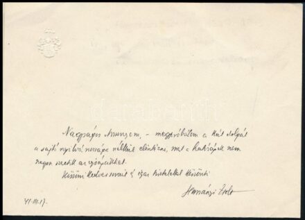 1941 Harsányi Zsolt (1887-1943) író, újságíró saját kezű levele és aláírása, dombornyomott címeres levélpapíron