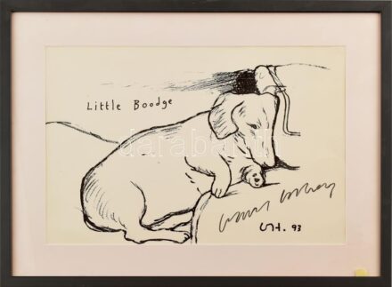 David Hockney (1937-): Little boodge. Litográfia, papír. Jelzett. Kisebb törésnyomokkal. Üvegezett fakeretben. 27×40,5 cm / David Hockney (1937-): Little boodge. Lithograph on paper. Signed. With some small flaws on the paper. Framed.