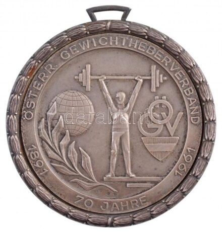 Ausztria 1961. 'Osztrák Súlyemelő Egyesület, 70 év, 1891-1961' jelzett Ag sport díjérem füllel, hátoldalán gravírozva (0,900/127,70g/80mm) T:2 patina, kis ph / Austria 1961. 'Austrian Weightlifting Association / Österreichisches