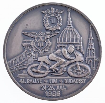 1986. '41. Rallye FIM Budapest 1986. 07.24-26.' egyoldalas ezüstözött Br motorsport emlékérem (70mm) T:1- kopott ezüstözés / Hungary 1986. '41th Rallye FIM Budapest 1986. 24-26.07.' one-sided, silver-plated Br motorsport commemorative