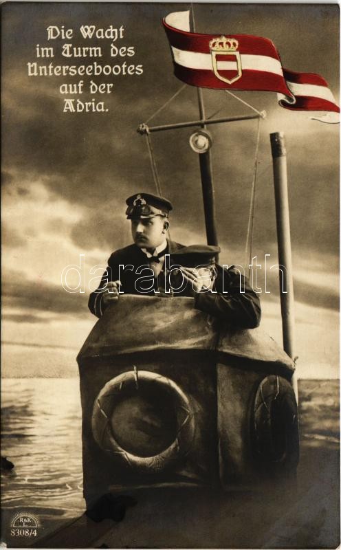 1915 Die Wacht im Turm des Unterseebootes auf der Adria. K.u.K. Kriegsmarine / Osztrák-magyar tengeralattjáró matrózokkal / Austro-Hungarian Navy submarine with mariners + 'ZENSUERIERT S.M.S. Erzh. Karl'