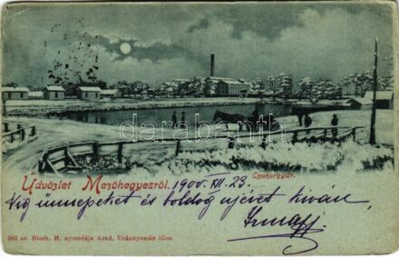 1900 Mezőhegyes, Cukorgyár télen este. Bloch H. (EK)
