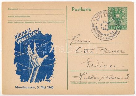 Mauthausen 5. Mai 1945. Niemals vergessen! / WWII Mauthausen Concentration Camp memorial art postcard. Camp of Horror + '1946 Anniversary of the liberation of K.Z. Mauthausen' So. Stpl. (EM)