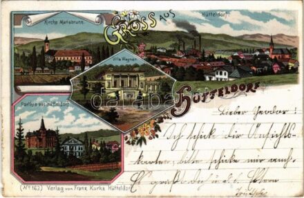 1898 (Vorläufer) Wien, Vienna, Bécs XIV. Hütteldorf (Penzing), Kirche Mariabrunn, Villa Wagner. Franz Kurka No. 163. / church, villa. Art Nouveau, floral, litho (small tear)