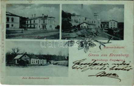1899 (Vorläufer) Sopron, Oedenburg; Brennbergbánya, Bánya iroda, szénbánya, iparvasút, akna / Brennberg Kanzlei, Sopron-Schacht, Aus Zehreichenwald. Verlag No. 49. L. F. Kummert, Art Nouveau, floral (EB)