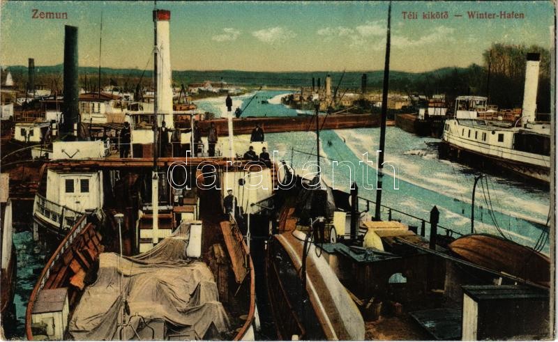 Zimony, Semlin, Zemun; Téli kikötő, gőzhajók. Vasúti levelezőlapárusítás 50. 1916. / Winterhafen / winter port, ships