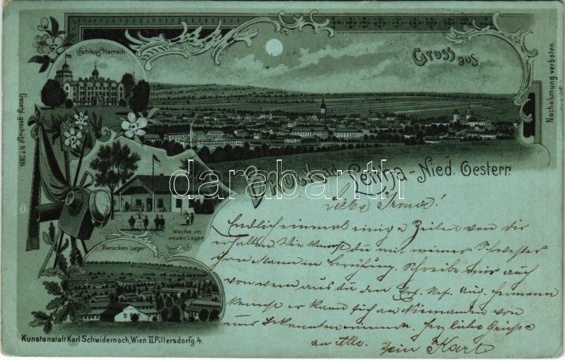 1899 (Vorläufer) Lajtabruck, Bruck an der Leitha; Harrach kastély, laktanya és őrség / Schloss, Wache im neue Lager, Baracken Lager / castle, k.u.k. military barracks with guard. Kunstanstalt Karl Schwidernoch Art Nouveau, floral, litho (EK)