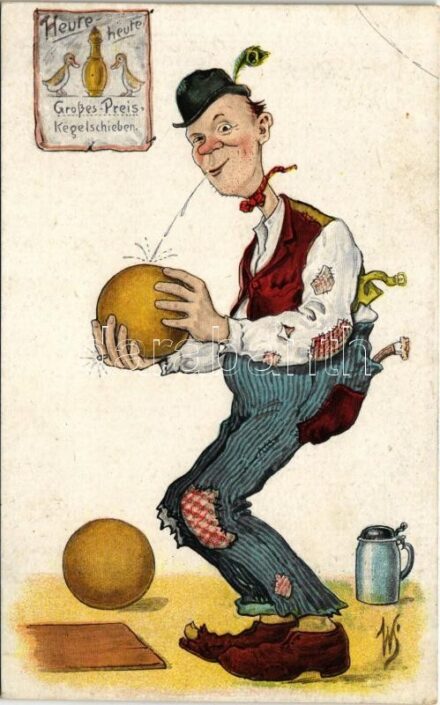 Heure-heute Großes-Preis Kegelschieben / Man at the bowling alley. WSSB 84. artist signed (EK)