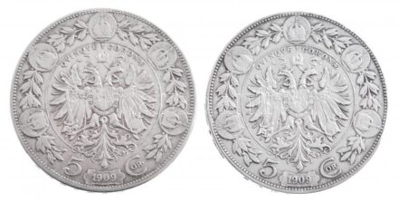 Ausztria 1909. 5K Ag (2xklf) 'Ferenc József' kisebb és nagyobb fejjel T:2,2- patina, karc Austria 1909. 5 Corona Ag (2xdiff) 'Franz Joseph' with smaller and larger head C:XF,VF patina, scratches Krause KM#2813-2814