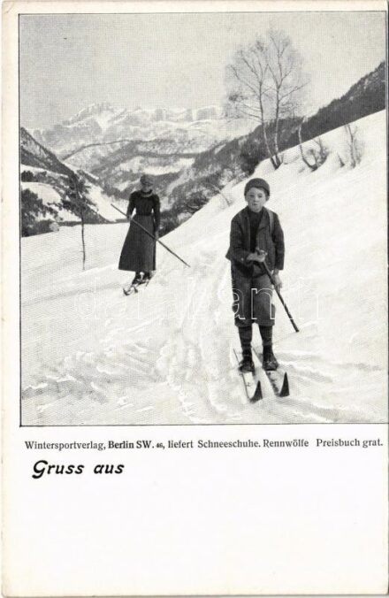 Gruss aus... Wintersportverlag, Berlin SW. 46. liefert: Schneeschuhe, Rennwölfe etc. / Winter sport shop advertisement, ski (EK)