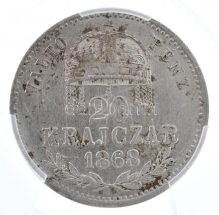 1868KB 20kr Ag 'Ferenc József / Váltó Pénz' Körmöcbánya, eredeti műanyag PCGS tokban (212937.92/43254235) T:2 tisztított R! / Hungary 1868KB 20 Kreuzer Ag 'Franz Joseph / Váltó Pénz' Kremnitz, in original plastic PCGS case
