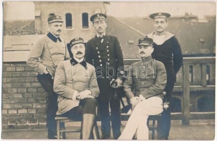 1917 Budapest VIII. Kun utcai tűzoltósági szertár tetején, tűzoltók és matróz (Szilvay, Dittrich, Verseghy, Stompf, Szilvay Béla). photo