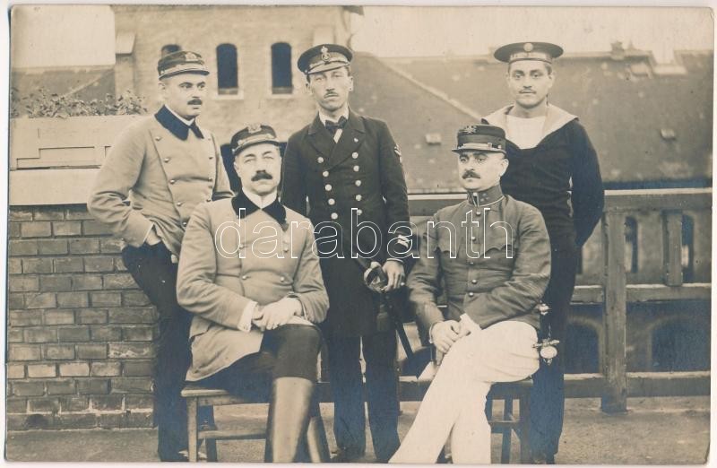 1917 Budapest VIII. Kun utcai tűzoltósági szertár tetején, tűzoltók és matróz (Szilvay, Dittrich, Verseghy, Stompf, Szilvay Béla). photo