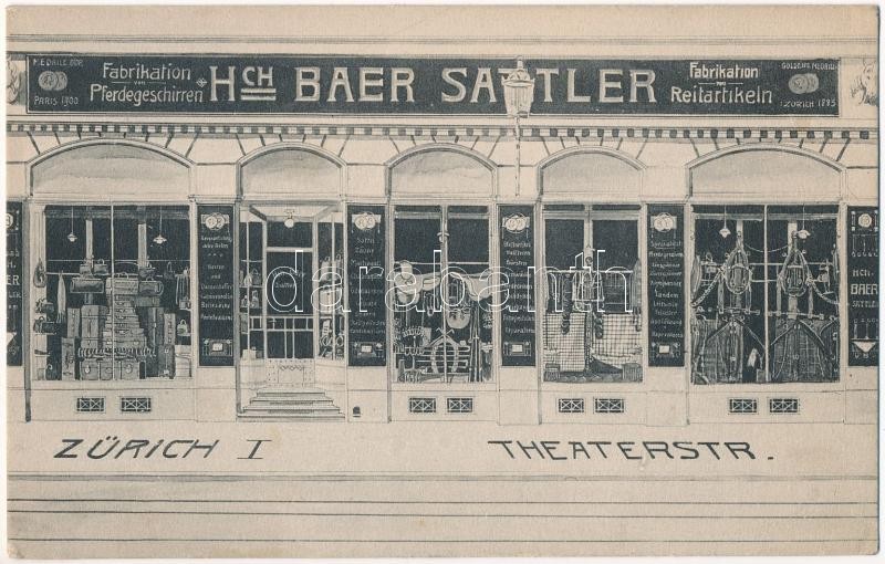 Zürich, Heinrich Baer Sattler Fabrikation von Pferdegeschirren und Reiterartikeln. Theaterstrasse / Manufacture of horse harness and equestrian items, shop (EK)