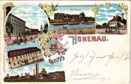 1900 Hohenau an der March, Hauptstrasse, March-Brücke, Fürstl. Lichtenst. Jägerhaus, Waldamt, Zuckerfabrik / main street, bridge, bicycle, hunting house, forestry office, sugar factory. Rudolf Österreicher Art Nouveau, floral, litho (EK)