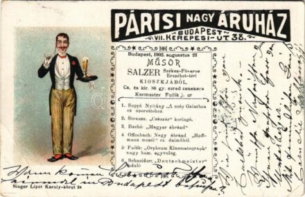 1902 Párisi Nagy Áruház reklámlapja. Budapest, Kerepesi út 38. Műsorlap, pincér. Singer Lipót kiadása / Hungarian shop's advertisement, program sheet, waiter. litho (r)
