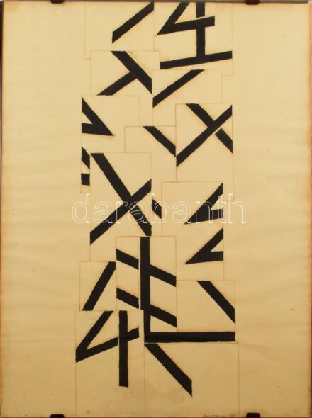 Csáji Attila (1939-): Rovásjelek (cím nélkül), 1977. Vegyes technika, papír. Jelezve jobbra lent. Üveg mögött. 66x49 cm / mixed technique on paper, signed lower right