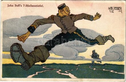 1915 John Bull's 7 Meilenstiefel / WWI German military propaganda. B.K.W.I. 757-8. s: K. Th. Zelger (EK)