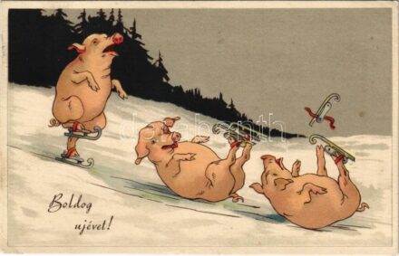 1943 Boldog újévet! Korcsolyázó malacok / New Year greeting, pigs ice skating. litho