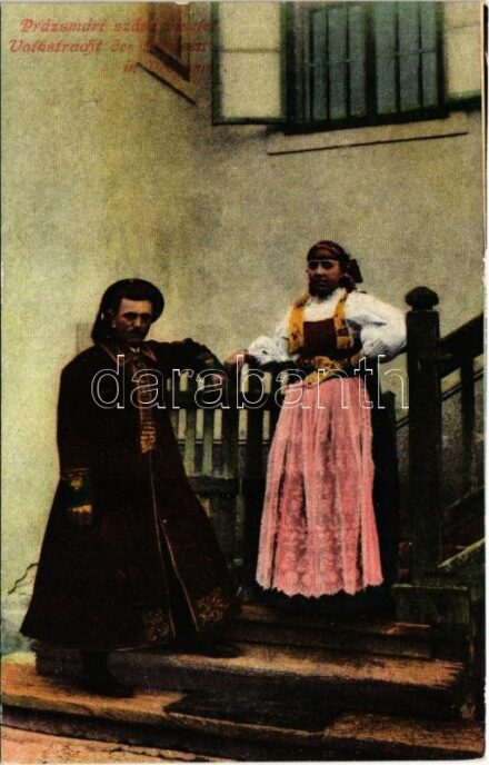 Prázsmár, Tartlau, Prejmer; Prázsmári szász viselet. Vasúti levelezőlapárusítás. Erdélyi udvari fényképész felvétele / Volkstracht der Sachsen / Transylvanian Saxon folklore