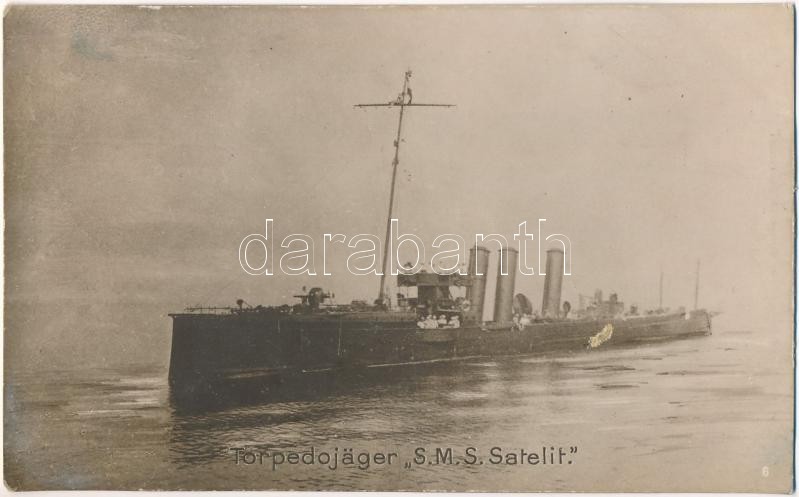 SMS Satellit az Osztrák-Magyar Monarchia Satellit-osztályú torpedóhajója (őrhajója) (három új kéménnyel amit 1913-ban építettek hozzá) / K.u.K. Kriegsmarine Torpedojäger / Austro-Hungarian Navy torpedo gunboat. R. Marincovich Pola