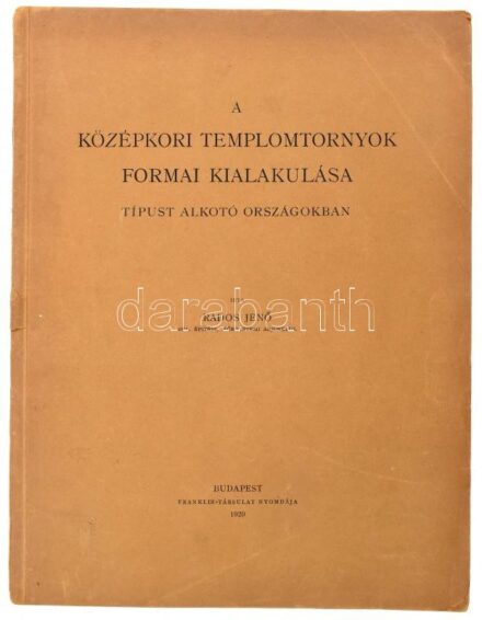 Rados Jenő: A középkori templomtornyok formai kialakulása típust alkotó országokban. Bp., 1929, Franklin-ny., 72 p. Oldalszámozáson belül 17 fekete-fehér ábrákkal illusztrált táblával. Kiadói papírkötés, kissé sérült