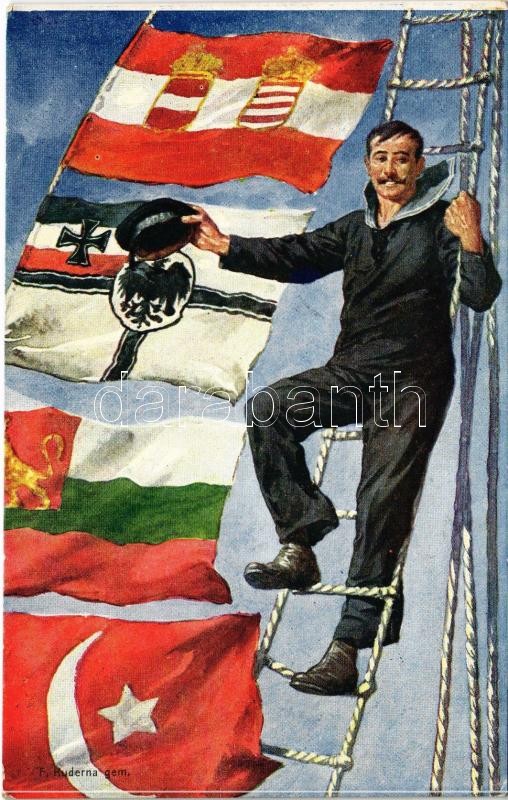 1917 Osztrák-magyar matróz a Központi Hatalmak zászlóival / K.u.K. Kriegsmarine Matrose / Austro-Hungarian Navy mariner with the flags of the Central Powers. Rotes Kreuz Kriegsfürsorgeamt Kriegshilfsbüro Nr. 372. s: F. Kuderna (fl)