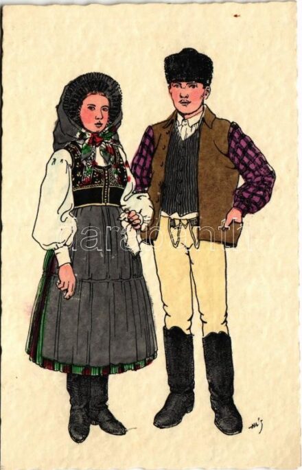 Csíkszereda, Miercurea Ciuc; Székely népviselet, Csíki pár / Costumi popolari secleri / Transylvanian folklore art postcard s: Haáz