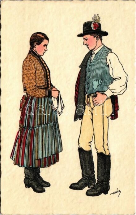 Gyergyószentmiklós, Gheorgheni; Székely népviselet, Gyergyói pár / Costumi popolari secleri / Transylvanian folklore art postcard s: Haáz