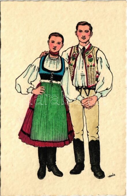 Lövéte, Lueta; Székely népviselet, Lövétei házaspár / Costumi popolari secleri / Transylvanian folklore art postcard s: Haáz