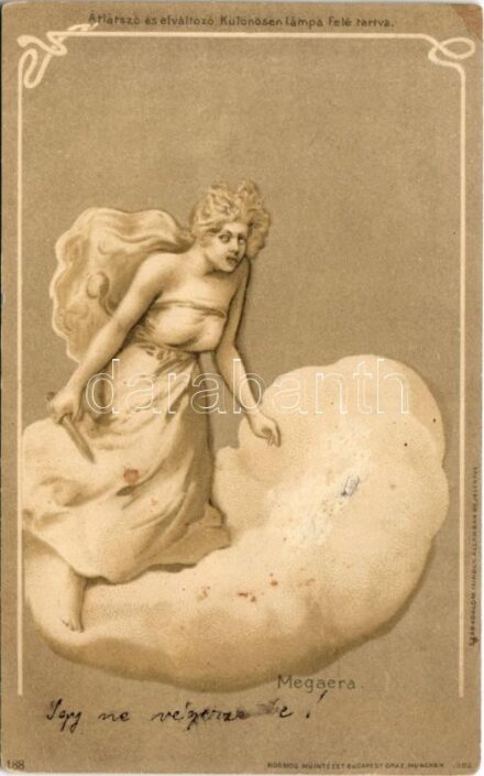 1900 Megaera. Nahe vor ein Licht halten / Átlátszó és elváltozó. Különösen lámpa felé tartva / Art Nouveau erotic lady art postcard. Kosmos Kunstanstalt 188. hold to light litho (b)