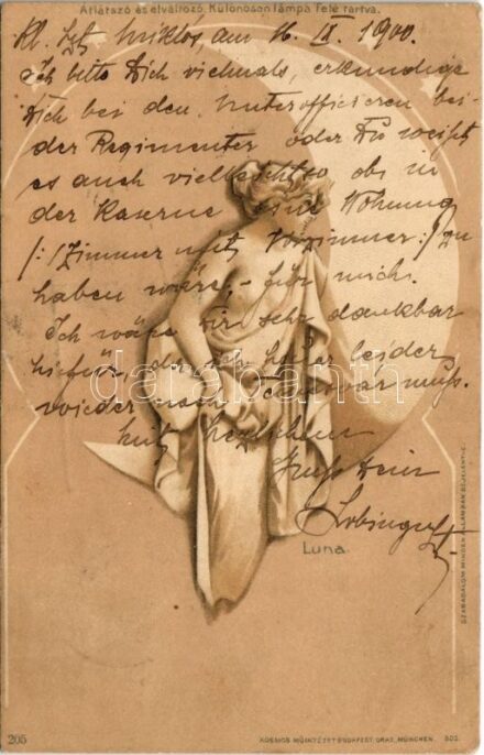1900 Luna. Nahe vor ein Licht halten / Átlátszó és elváltozó. Különösen lámpa felé tartva / Art Nouveau erotic nude lady art postcard. Kosmos Kunstanstalt 205. hold to light litho (EK)