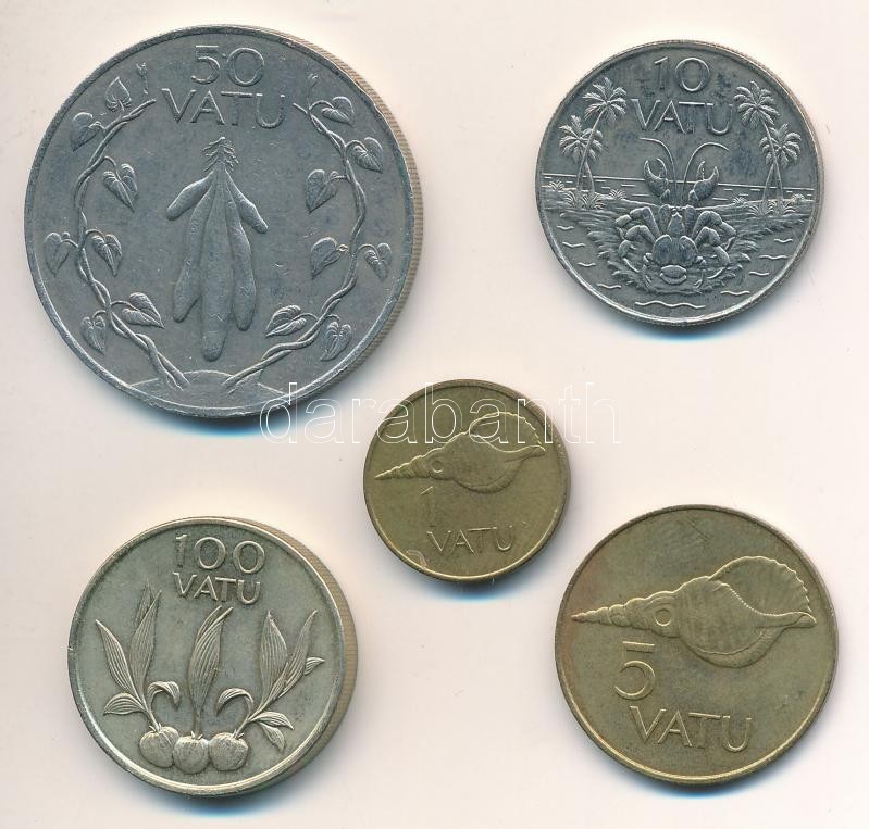 Vanuatu 1990-1999. 1V-100V (5xklf) T:2 patina, kis ph Vanuatu 1990-1999. 1 Vatu - 100 Vatu (5xdiff) C:XF patina, small edge error