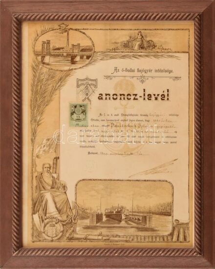 1899 Óbudai I. cs. k. szab. Dunagőzhajózási hajógyár tanonclevél, díszes illusztrációval, szárazpecséttel, üvegezett fa keretben, 37,5×27,5 cm