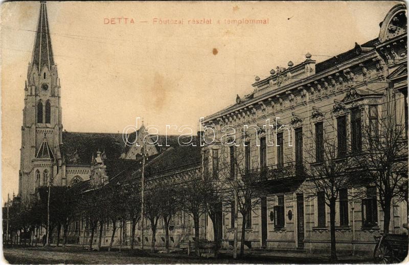 1912 Detta, Ghedu, Deta; Fő utca, templom. Ballon József kiadása / main street, church (fl)