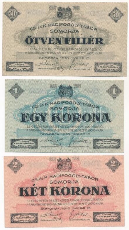 Somorja / Hadifogolytábor 1916.01.15. 50f + 1K + 2K mindegyik arab sorozat- és sorszámmal T:III szép papír, 2K vágott Hungary / Somorja / POW camp 15.01.1916 50 Fillér + 1 Krone + 2 Kronen all with Arabic serial numbers C:F fine paper, 2