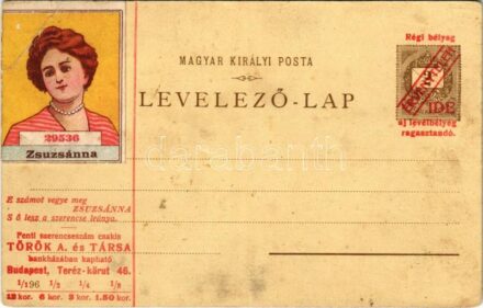 Török A. és Társa bankház reklámja '29536 Zsuzsanna' Fortuna szerencseszám + érvénytelen barna 2 Kr. Ga. Hátoldalon Ezredéves Kiállítás budapesti litho lapja / Hungarian lottery ticket (EB)