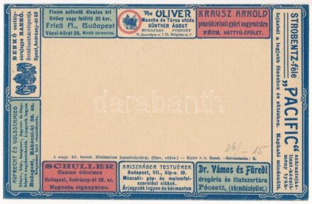 1906 Pécsi és Budapesti üzletek reklámlapja: Strobentz-féle Pacific száraztojás-liszt, Krausz Arnold posztókiviteligyár, The Oliver Mascha és Társa utóda Günther Olivér, Fried A. úri divat, Schuller Casino éttermei, Dr. Vámos és