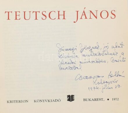 Banner Zoltán: Mattis-Teutsch János. A szerző, Banner Zoltán (1932-) művészeti író által Sümegi György (1947-) művészettörténésznek dedikált példány! Bukarest, 1972, Kriterion. Kiadói papírkötésben, kissé kopott gerinccel,