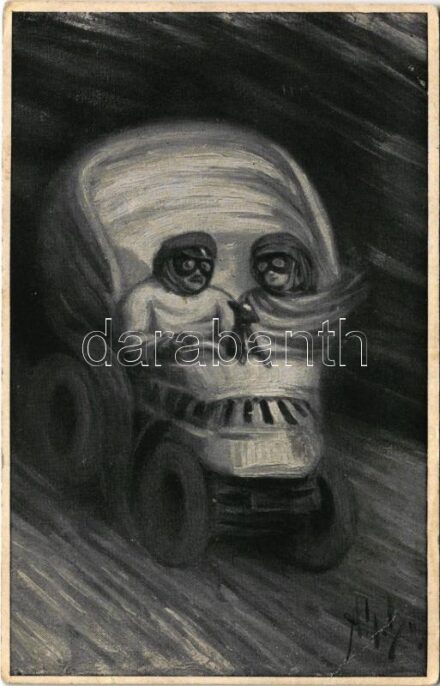 Pár koponyát formázó autóban. Optikai illúziós képeslap / Couple in a skull-shaped automobile. Optical illusion (fl)