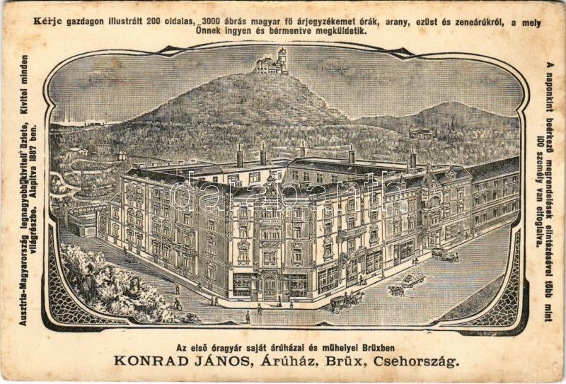 Konrád János Ausztria-Magyarország legnagyobb kiviteli üzlete, az első óragyár saját áruházai és műhelyei Brüxben, Csehországban. Szecessziós reklámlap / Hungarian clock shop in Most (Czech). Art Nouveau (fl)