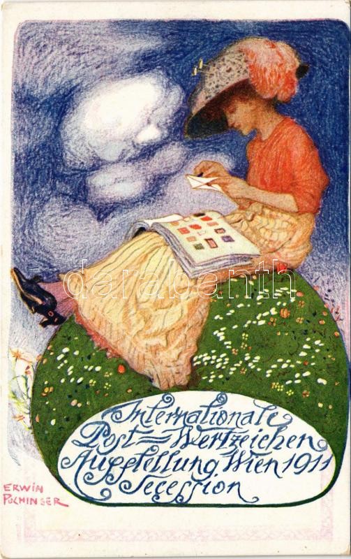 1911 Internationale Post-Wertzeichen Ausstellung Wien. Secession / Nemzetközi Postai Bélyegkiállítás Bécsben / International postage stamp exhibition in Vienna. Art Nouveau postcard s: Erwin Puchinger (Rb)