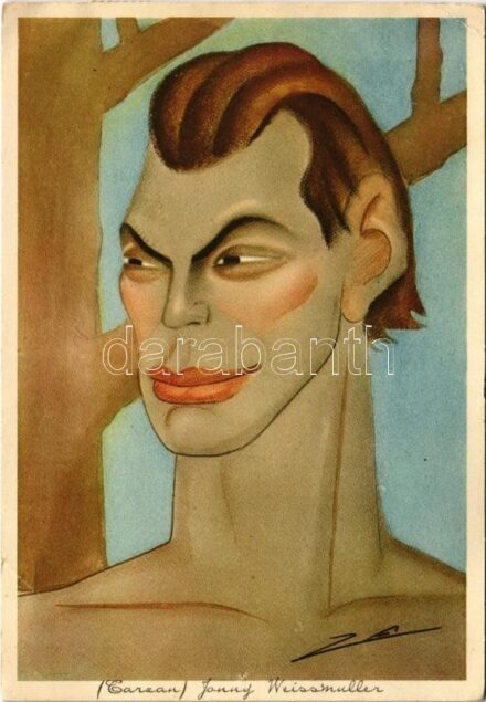 1937 Johnny Weissmuller bánsági sváb származású amerikai olimpiai bajnok úszó, filmszínész, Tarzan alakítója, olasz karikatúra / American Olympic swimmer and actor, Italian caricature. Eliocromia Zacchetti e C. Milano s: Nino Za (EK)