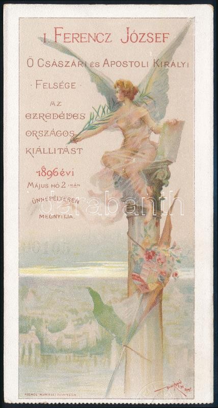 1896 Belépő az ezredéves országos kiállítás megnyitójára, Basch Árpád illusztrációjával, Kosmos Műintézet, litho / 1896 Ticket for the Millenium Expo opening ceremony. 10x17 cm